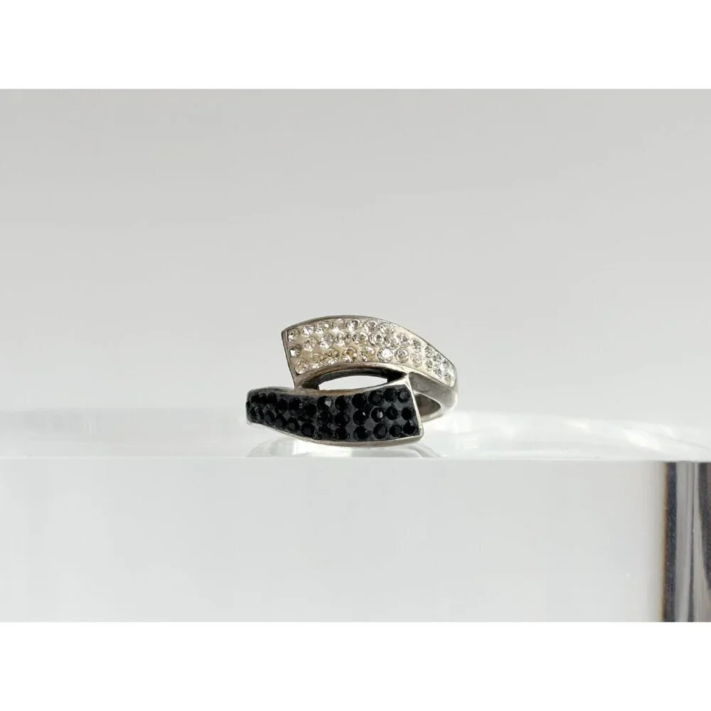 Black Onyx & Simulated Diamond 925 Sterling Silver Vintage Ring - sz 7
